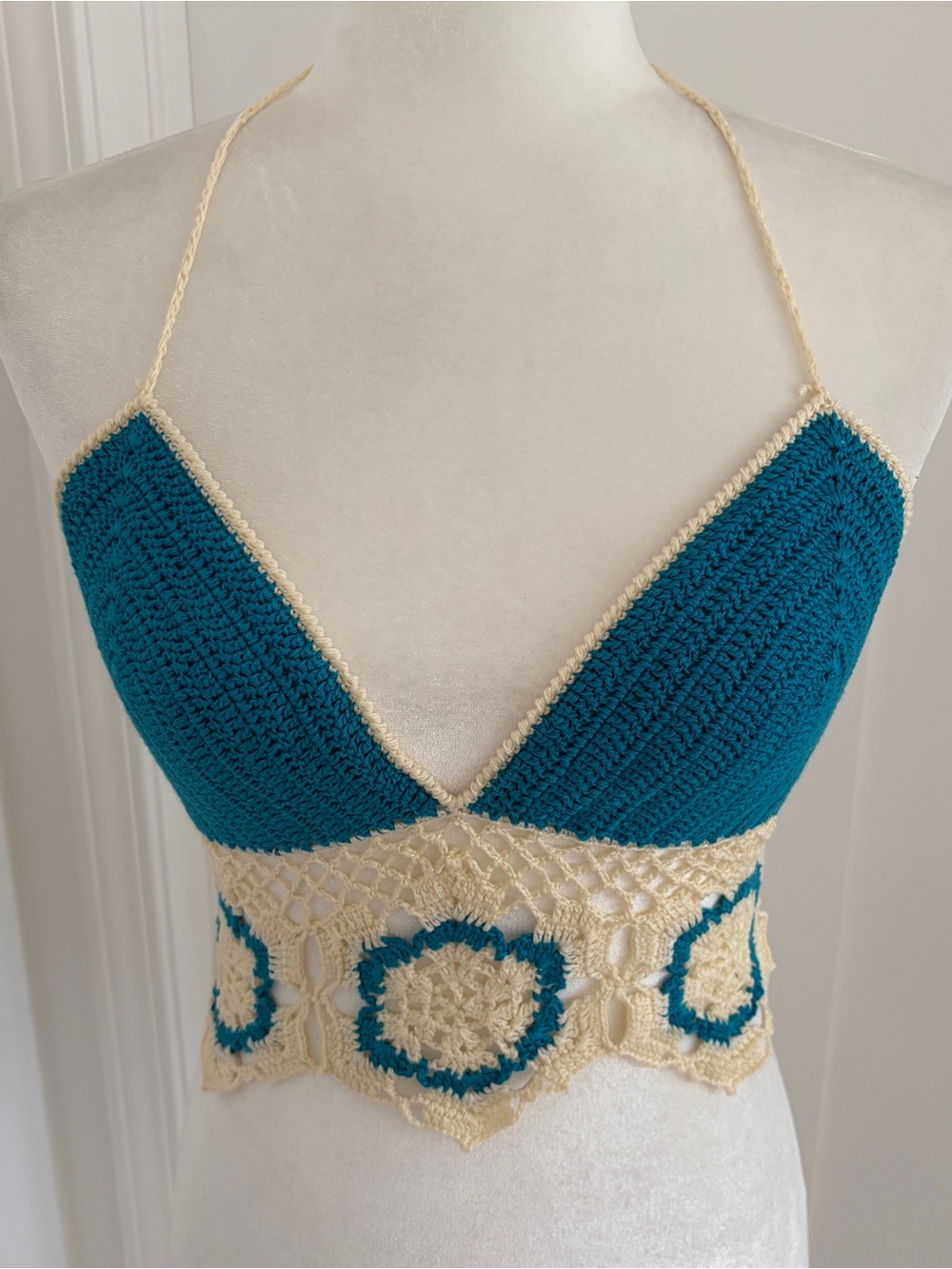 Hand Made Crochet Halter Crop Top Blue Cream Tie Back Boho  Beach Bralette*V8